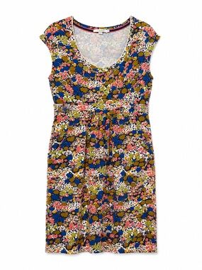 Boden Floral Scoop-Neck Cap Sleeve Dress in Olive, Navy & Coral - Size US 8
